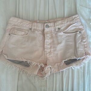Free People- We The Free Light Pink Distressed Hem Denim Shorts